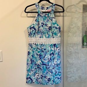 Sleeveless Blue Floral Print Halter Dress with Lace Waist